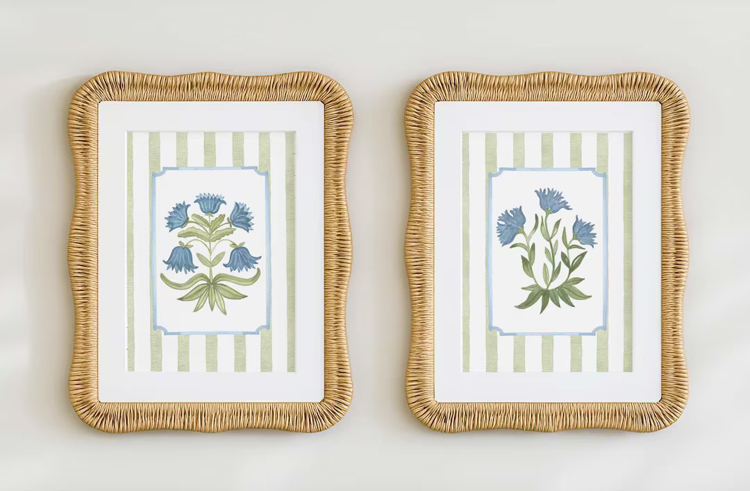Set of 2 Blue Floral Stripe Print, Green and White Botanical Wall Art, Cottagecore Grandmillennia... | Etsy (US)