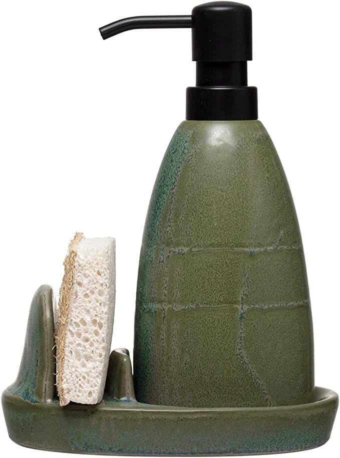 Creative Co-Op Stoneware Soap Dispenser with Loofah and Holder, Matte Green Reactive Glaze, Set o... | Amazon (US)