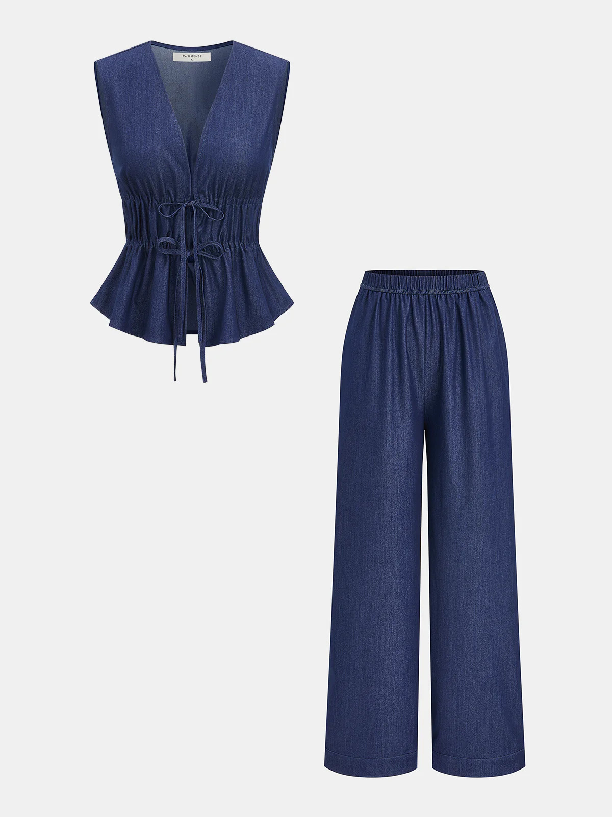Faux Denim Tie-Waist Vest & Pants Set | Commense