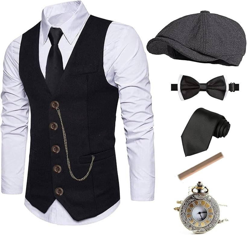 1920s Mens Costume Fedora Hat,Gatsby Gangster Vest,Vintage Pocket Watch,Pre Tied Bow Tie,Tie | Amazon (US)