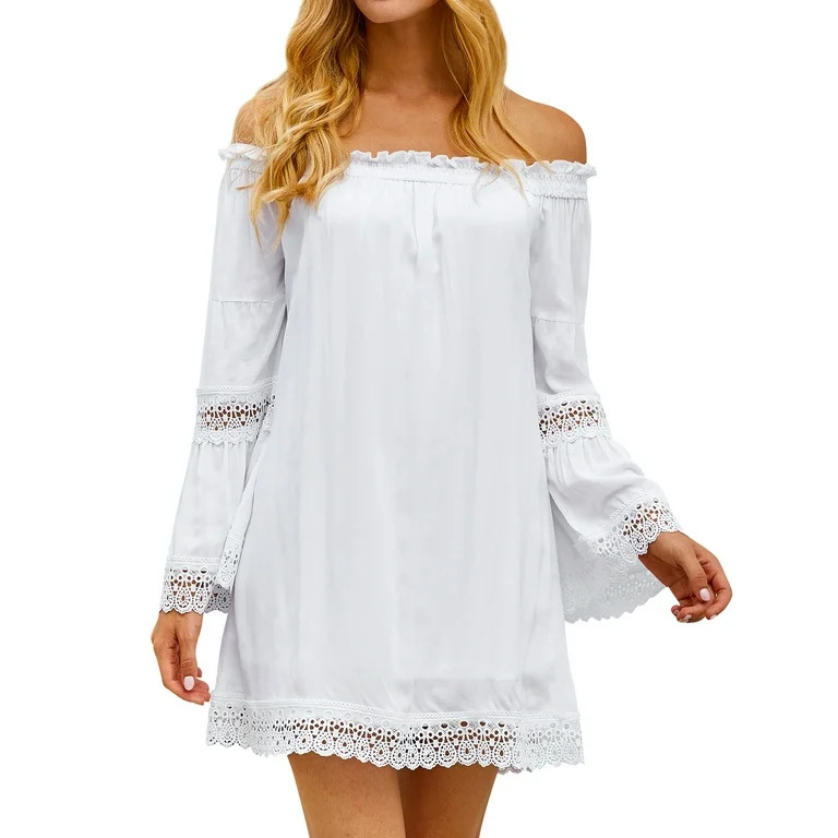 Women Lace Spliced Elastic Off Shoulder Bell Sleeves Casual Mini Dress | Walmart (US)