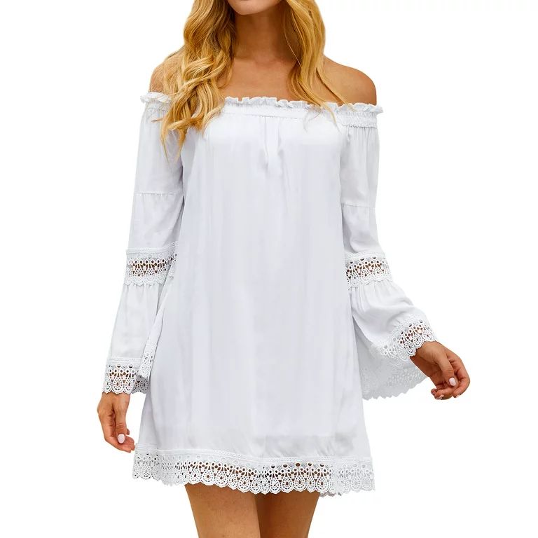 Women Lace Spliced Elastic Off Shoulder Bell Sleeves Casual Mini Dress | Walmart (US)