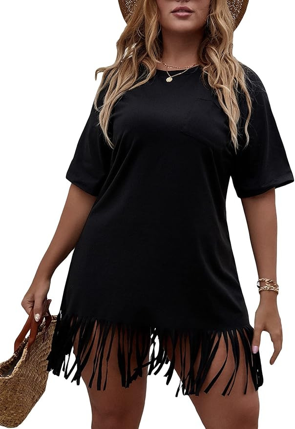 OYOANGLE Women's Plus Size Fringe Hem Round Neck Short Sleeve Casual Tee Shirt Dress | Amazon (US)