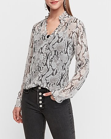 Slim Fit Sheer Snakeskin Print Ruffle Portofino Shirt | Express