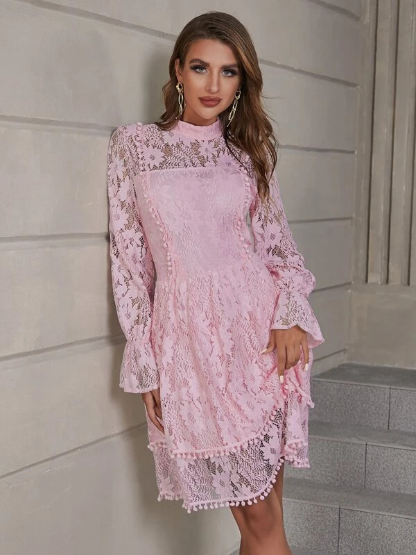 Eilly Bazar Mock Neck Flounce Sleeve Lace Dress | SHEIN