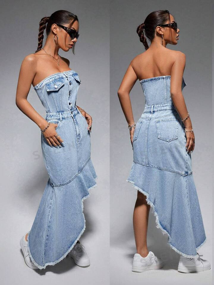 SHEIN ICON Asymmetric Hem Denim Strapless Dress With Flap Detail And Frayed Hem | SHEIN