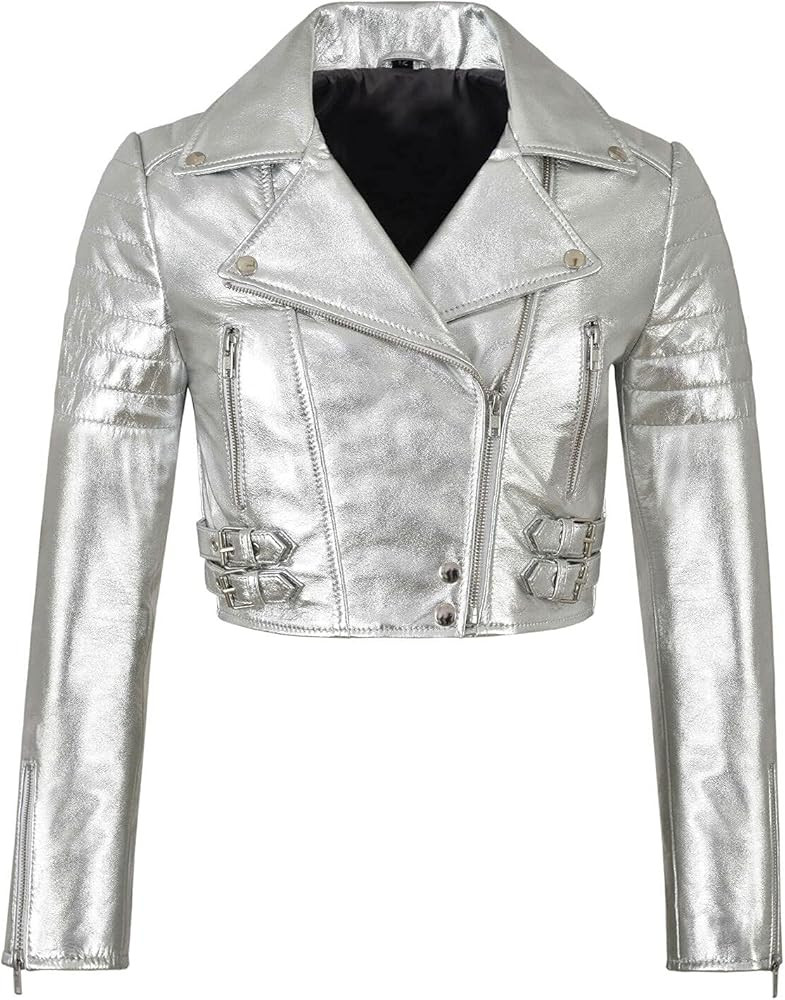 LP-FACON Womens Foil Metallic Short Body Brando Punk Motorcycle Biker Crop Leather Jacket Golden/... | Amazon (US)