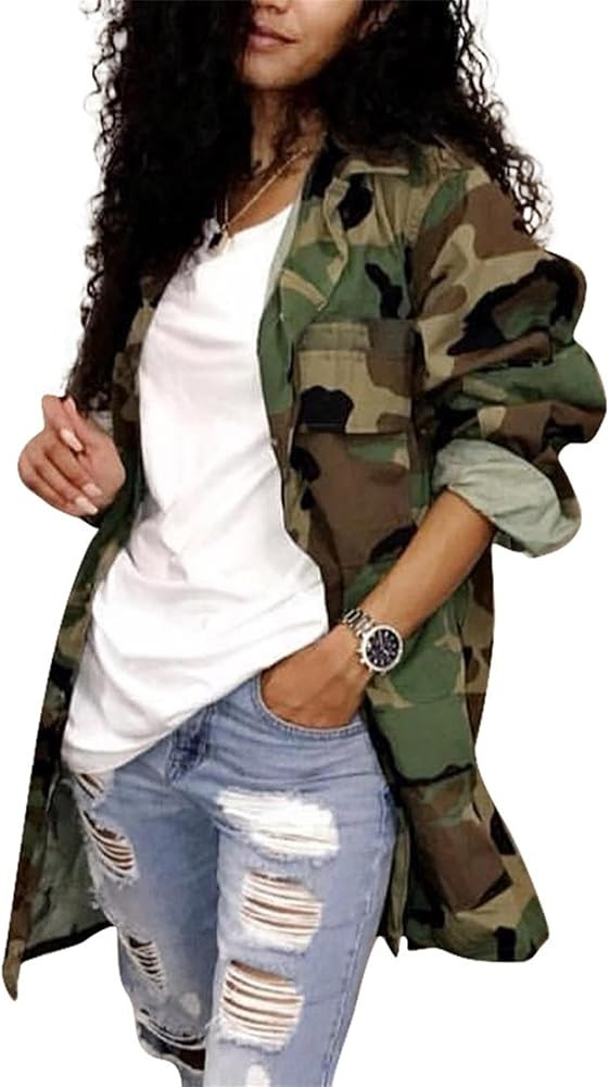 Sexy Camouflage Jacket for Women Army Fatigue Long Cargo Jackets Trench Coat Plus Size | Amazon (US)