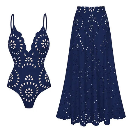 FLAXMAKER Navy Blue Laser Cutting Flower Hollow One Piece Swimsuit and Skirt | Walmart (US)