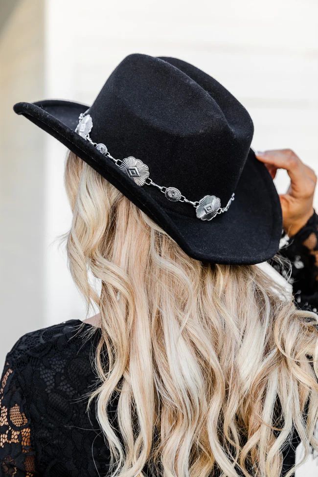 Details

Black Cowboy Hat
Approx. 24.5" in length around the head 
Brim width: 3"

Material and ... | Pink Lily