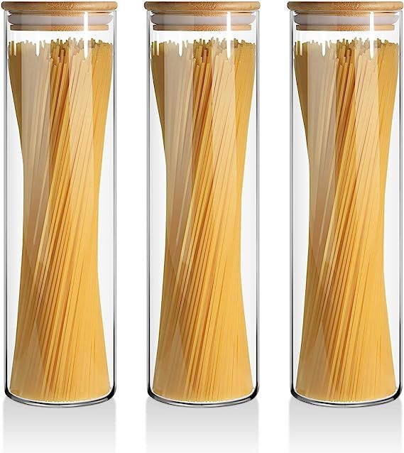 ComSaf Glass Spaghetti Pasta Storage Container for Kitchen Pantry with Lids 47oz Set of 3, Tall C... | Amazon (US)