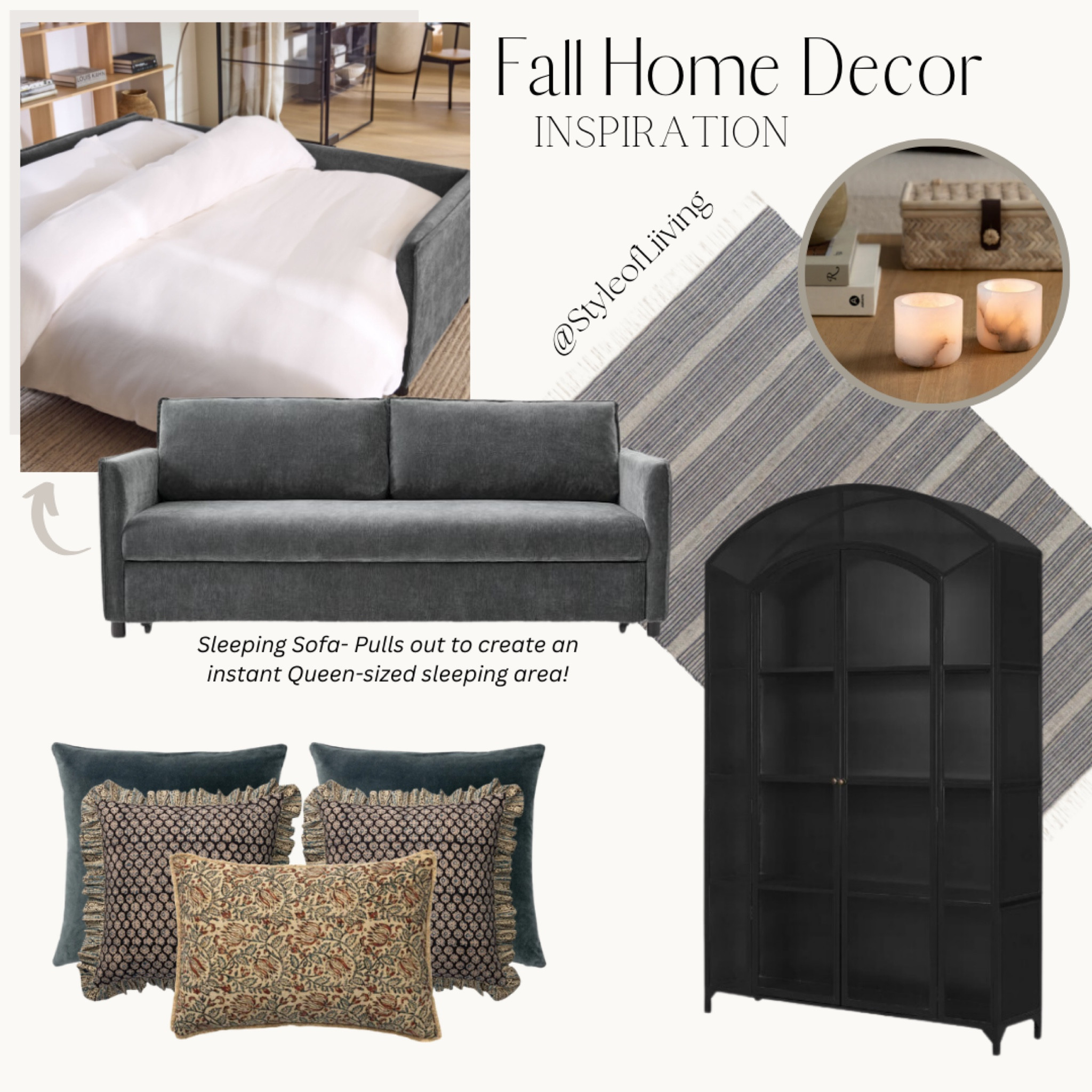 Fall home decor and furniture. Area rug, sleeper sofa, throw pillows, display cabinet, alabaster tea light candle holders.

#LTKHome #LTKSeasonal #LTKStyleTip