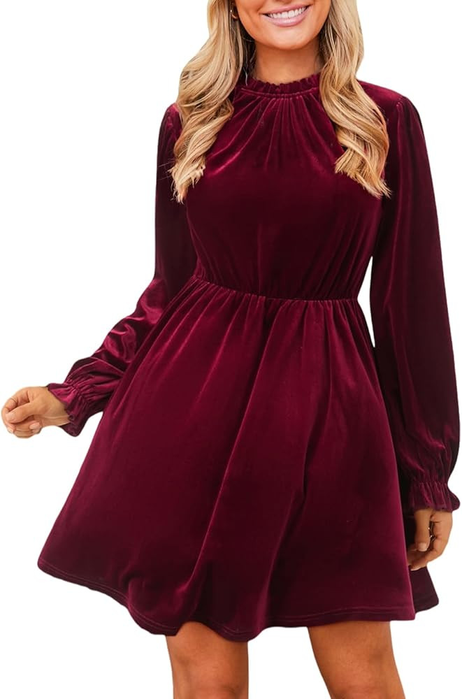 CUPSHE Women's Fall Dresses 2025 High Neck Long Sleeve Mini Party Ruffled Casual Tunic Velvet Wed... | Amazon (US)