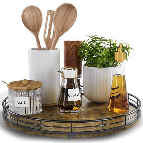 Lazy Susan Turntable Organizer for Table Top, 12’’ Round Wooden Lazy Susan for Cabinet Kitchen Countertop Pantry Dining Coffee Table for Condiments Spices, Rustic Bathroom Vanity Tray for Soap Candle | Amazon (US)
