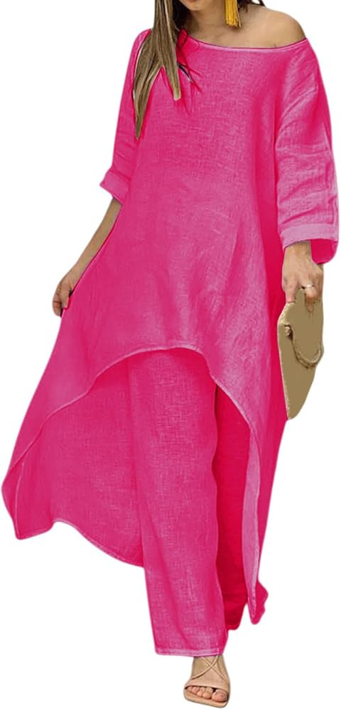Dress Suit for Women Oversized Two Piece Linen Long Dress and Pants Summer Set Casual Loose Beach Vacation Outfits | Amazon (US)