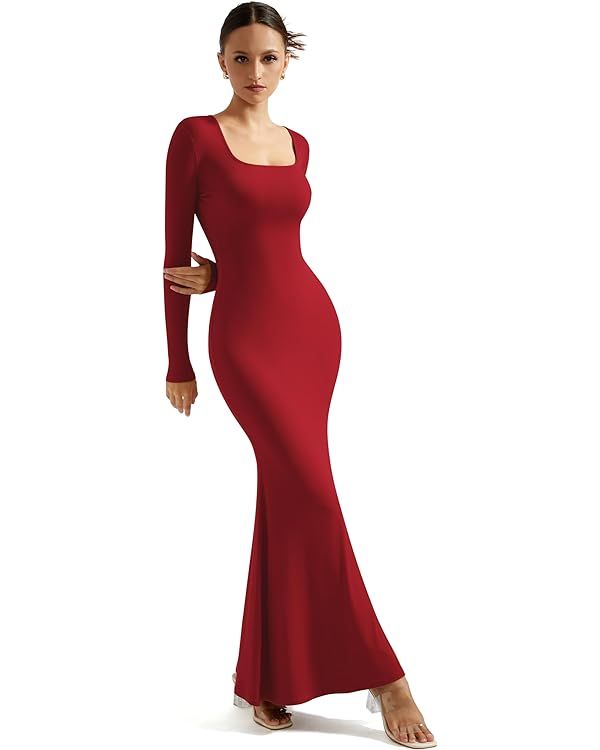 SUUKSESS Women Ribbed Maxi Long Sleeve Dress Square Neck Sexy Bodycon Dresses | Amazon (US)