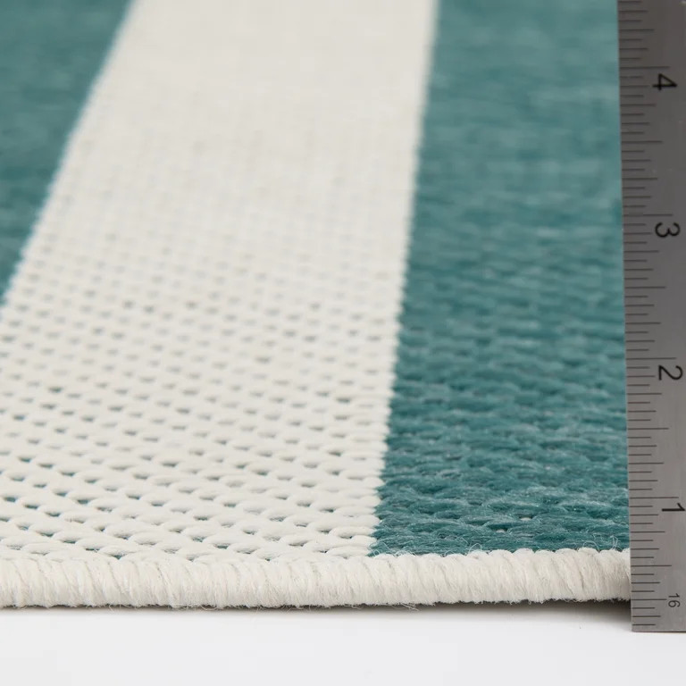 Mainstays Teal and White Striped Southwest Cabana Woven Outdoor Rug, 5' x 7' | Walmart (US)