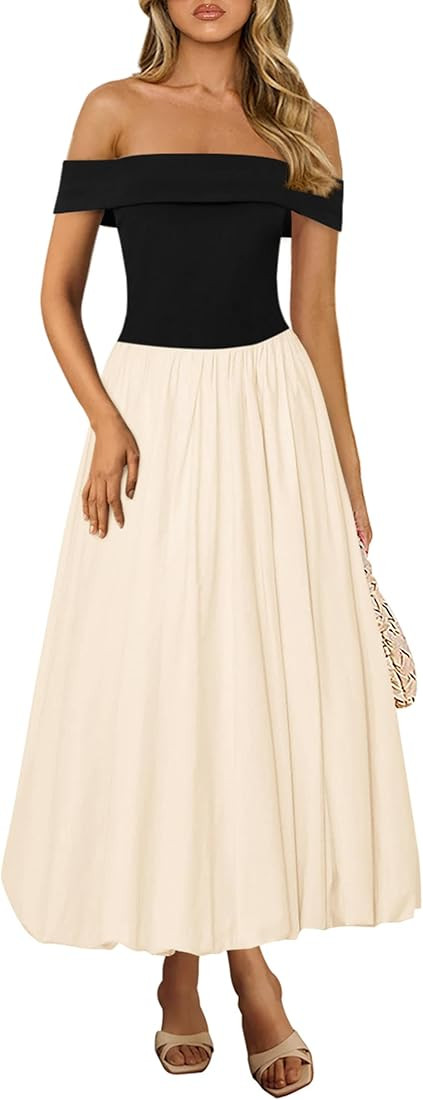 PRETTYGARDEN Womens Summer Off Shoulder Sleeveless Midi Dress Cocktail A Line Flowy Wedding Guest... | Amazon (US)