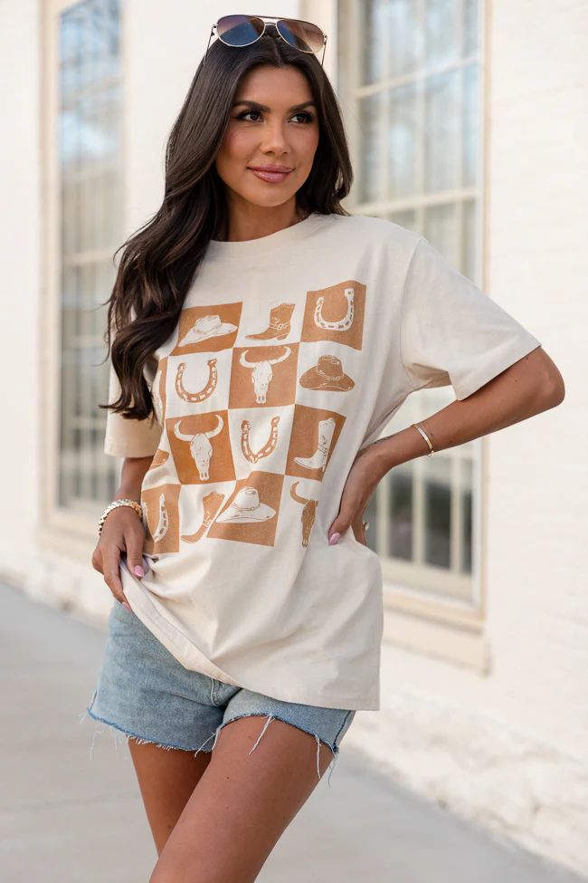 Checkered Cowboy Ivory Oversized Graphic Tee | Pink Lily