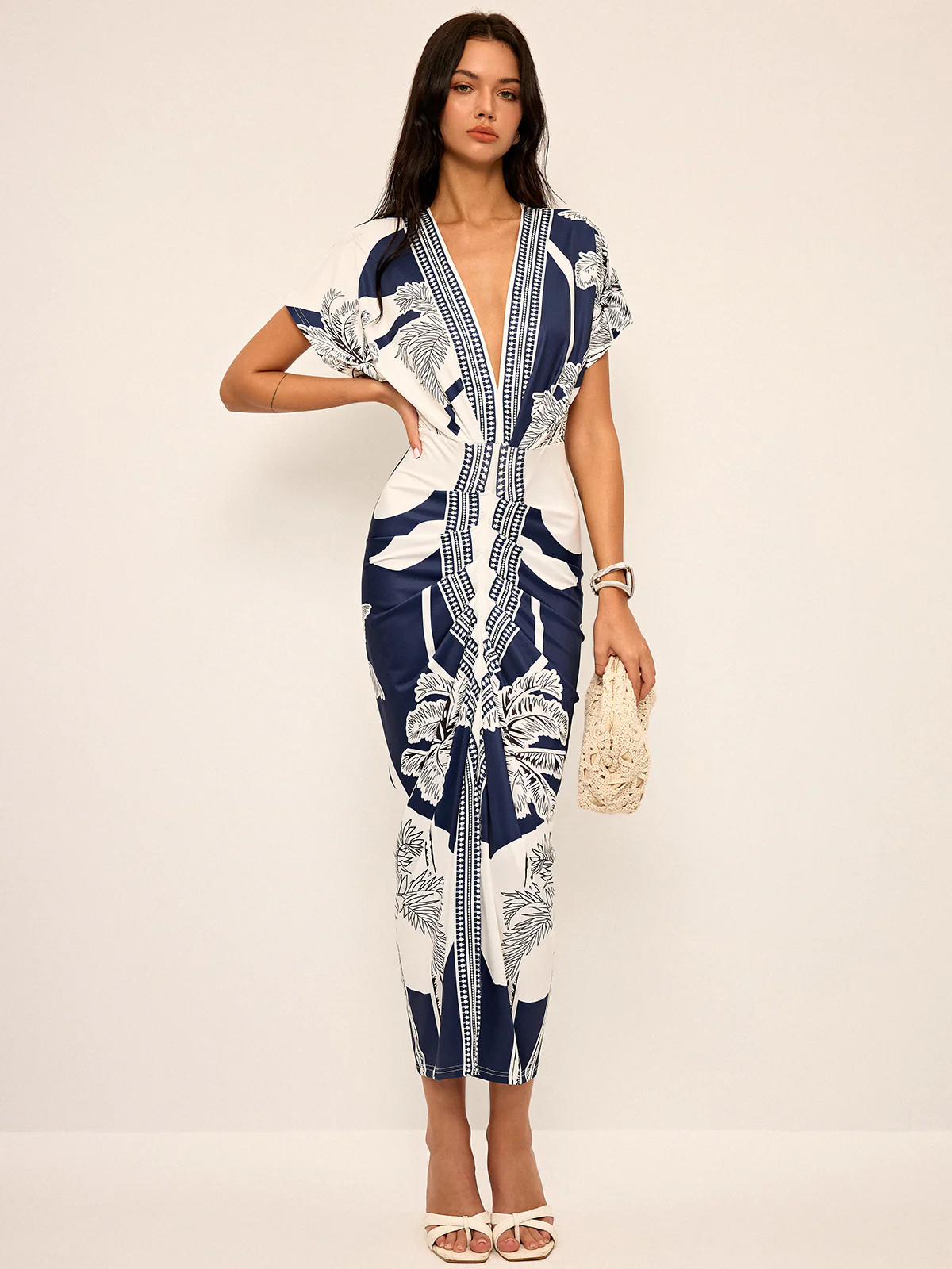 Printed Deep V-Neck Midi Dress Without Belt | Commense