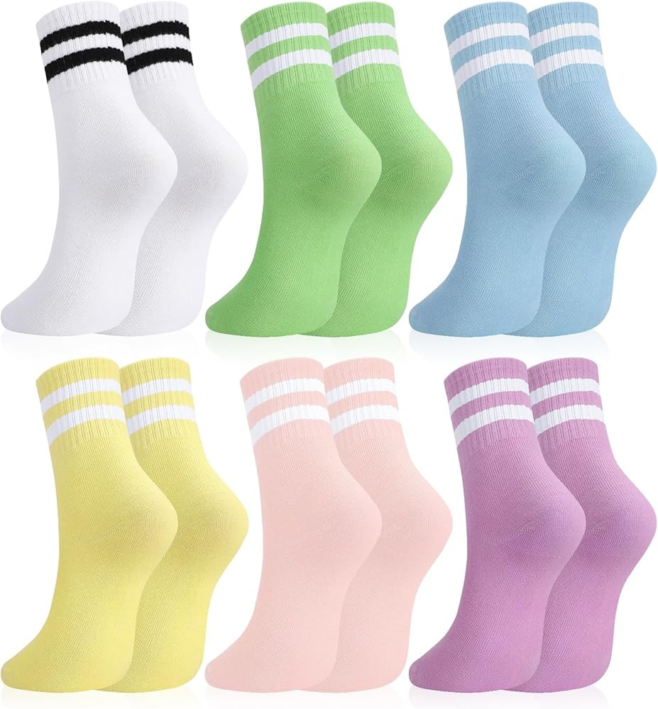 Womens Crew Socks Striped Trim Casual Crew Socks Mid Calf Ankle Sock Vintage Retro Gym Running 6/... | Amazon (US)