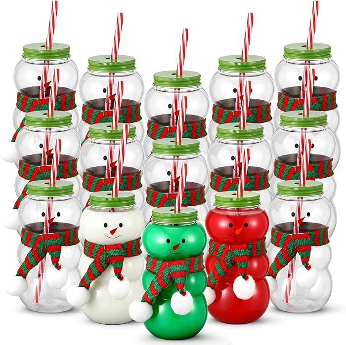Baderke 15 Set Christmas Plastic Bottles with Straws Set Including Snowman with Hat Scarf Reusabl... | Amazon (US)