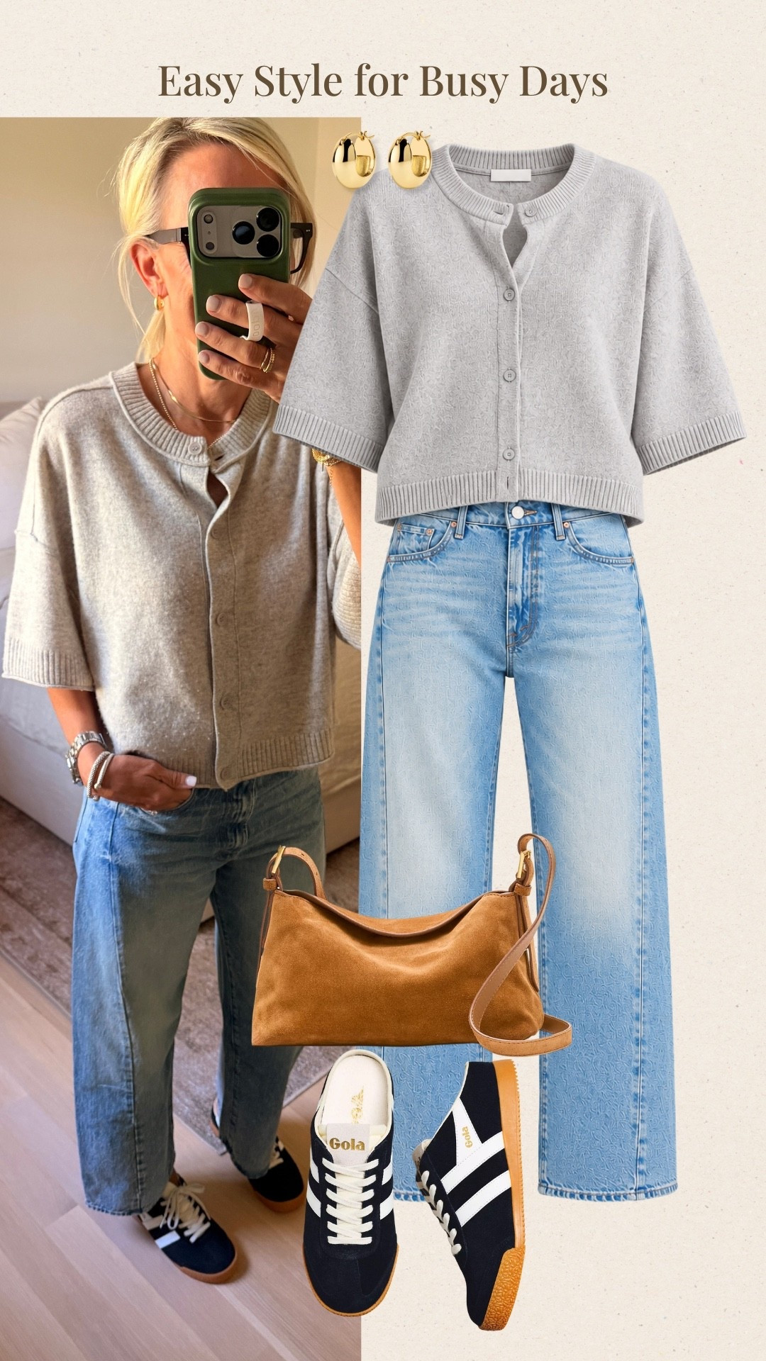 A light gray, short-sleeve cardigan paired with classic light-wash jeans is such an easy combination for busy days. The color shown here is currently sold out, but the cardigan comes in several other colors worth checking out! I love how this simple, polished look works for everyday errands, casual lunches, or whenever you want to feel put together without overthinking your outfit. The navy Gola sneakers add a sporty touch while keeping the look classic and wearable.

#LTKootd #LTKdayinmylife #LTKOver40