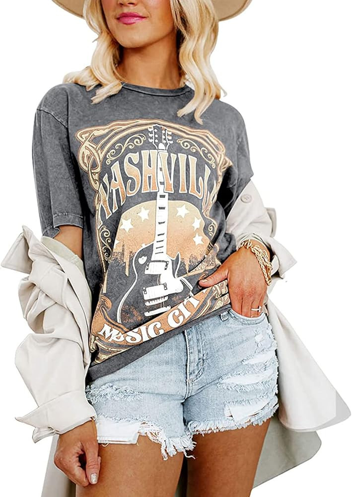 Wrenpies Women's Nashville Music City Tshirt Country Concert Tops Vintage Guitar Graphic Tees Ove... | Amazon (US)