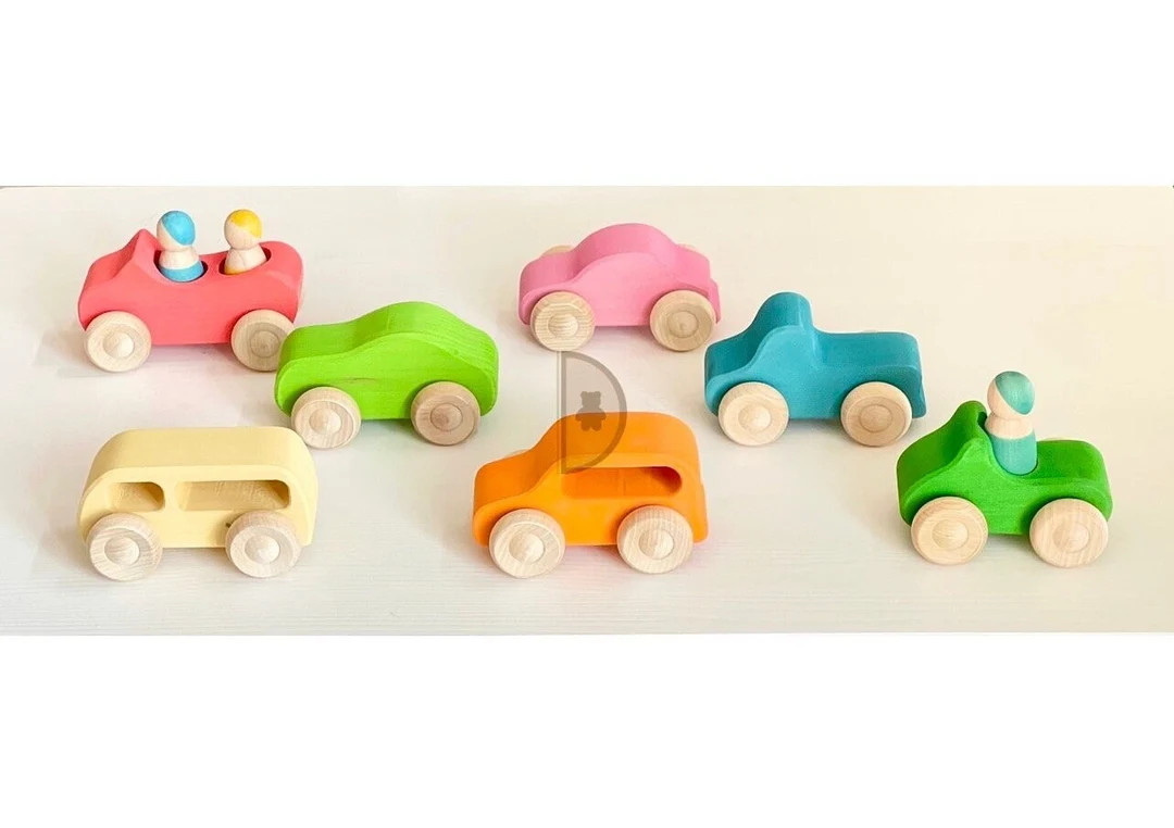 7pcs Colorful Wooden Cars Set With Peg Dolls Rainbow - Etsy | Etsy (US)