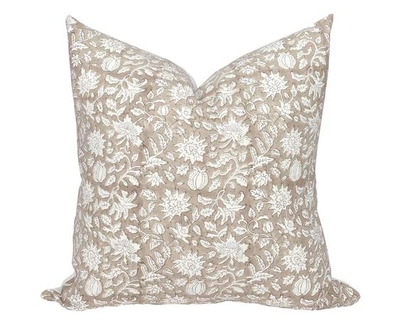 SANDSTONE  Designer Sand Floral Linen Pillow Cover Block - Etsy | Etsy (US)