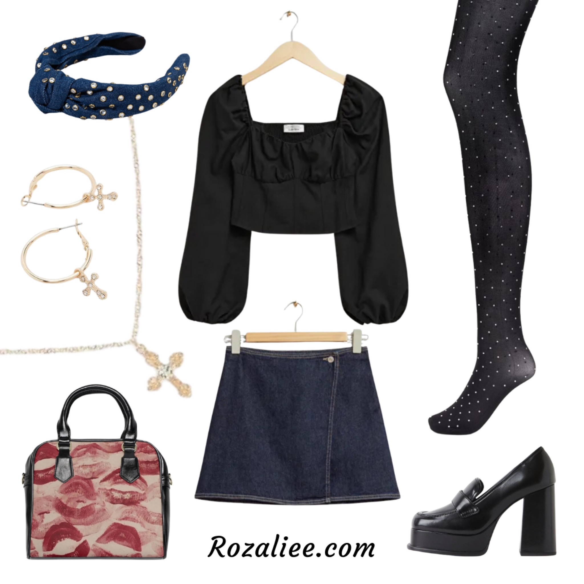 Coquette Outfit #9

Dark coquette outfit
Black milkmaid blouse
Denim mini skirt wrap mini skirt
Black Rhinestone embellished tights stockings
Black heeled platform loafers
Coquette handbag kiss mark handbag
Denim headband knot headband
Cross earrings cross choker cross necklace

#LTKitbag #LTKstyletip #LTKfindsunder100
