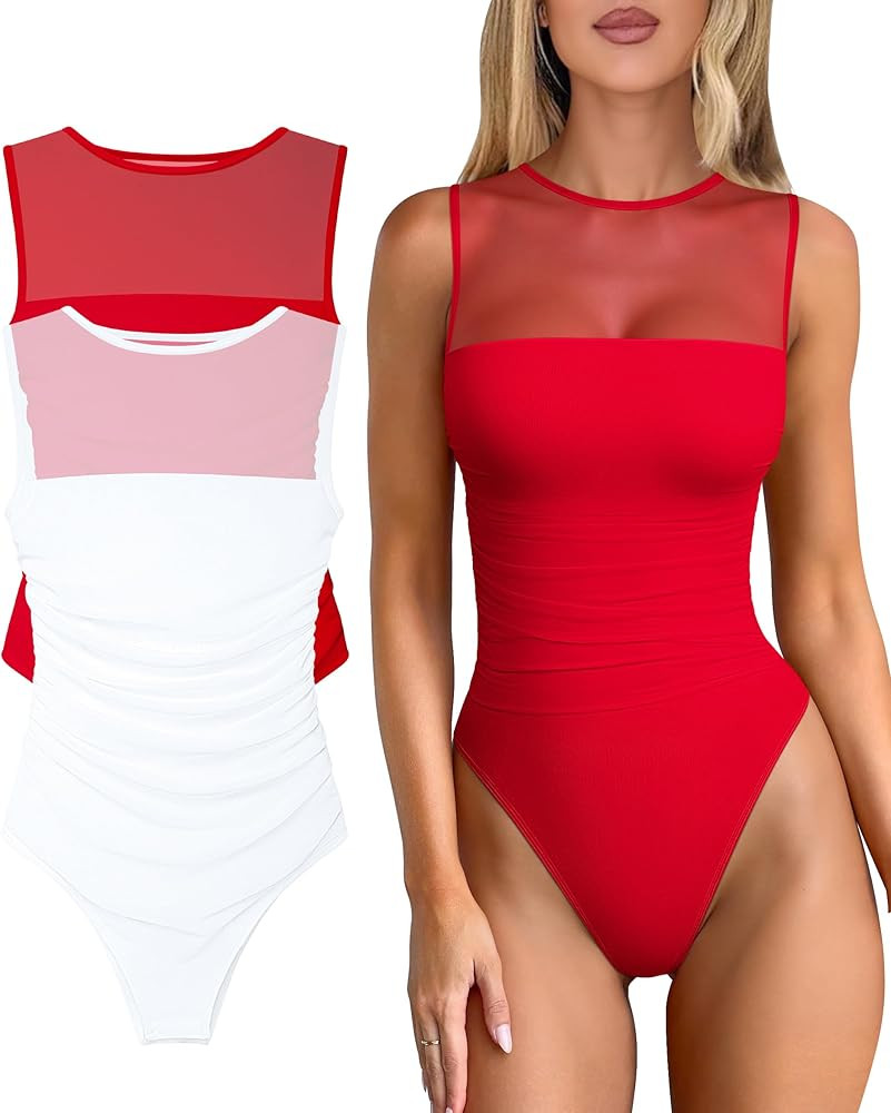 OQQ Women 2 Piece Bodysuit Mesh Ruched Sleeveless Turtle Neck Shapewear Body Suits One Piece Leot... | Amazon (US)