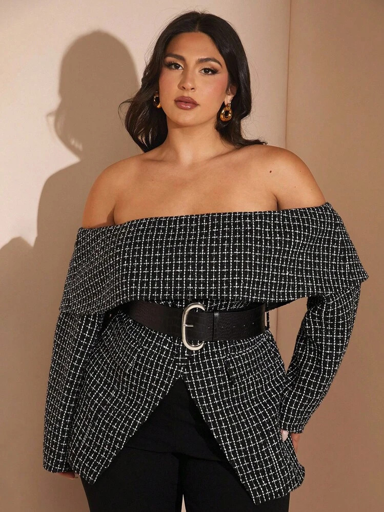 SHEIN BAE Plus Size Women's Fashionable Off-The-Shoulder Blazer Belt Included Off Shoulder Winter Women Coat Business Women Clothes Winter Women Clothes Professional Tops Winter Women Outfits Women Blazers Elegant Work Clothes Women Blazers Black Formal Attire Ladies Blazer Plus Size Sexy Black Top/Evening Suit /Fall/Winter Clothes/Fall Wedding Guest Dress/Halloween/Christmas/Classy Elegant /Formal /Y2k/Party /Birthday /Going Out /Plus Size /Curve Autumn | SHEIN