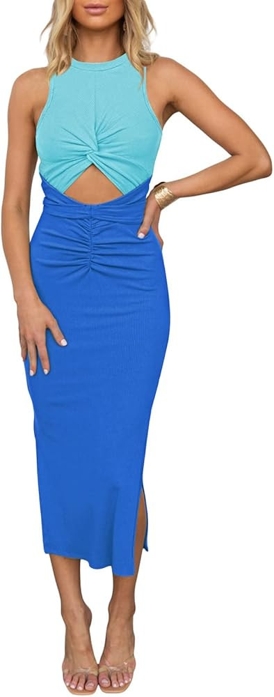 HUUSA Women's Sexy Sleeveless Cut Out Slim Bodycon Dress Crewneck Crisscross Twist Ruched Slit Ri... | Amazon (US)