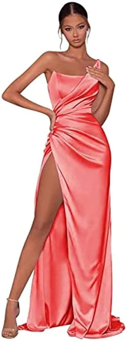 Lvxiuzi One Shoulder Prom Dresses for Women Satin High Slit Long Formal Dresses Sleeveless Bodyco... | Amazon (US)