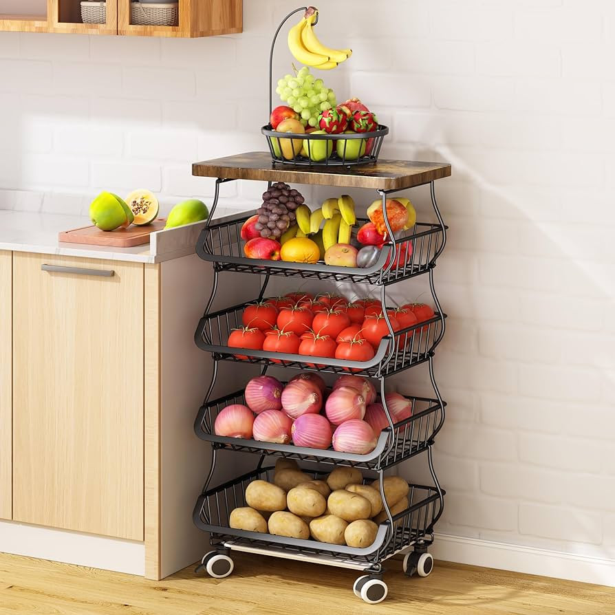 Fruit Basket Kitchen Pantry Organizers and Storage - Wooden Top Table, Stackable Metal Wire Baske... | Amazon (US)