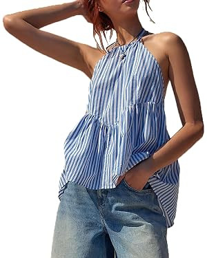 Womens Gingham Plaid Tie Front Cami Tank Tops Y2k Spaghetti Straps Striped Peplum Hem Picnic Part... | Amazon (US)