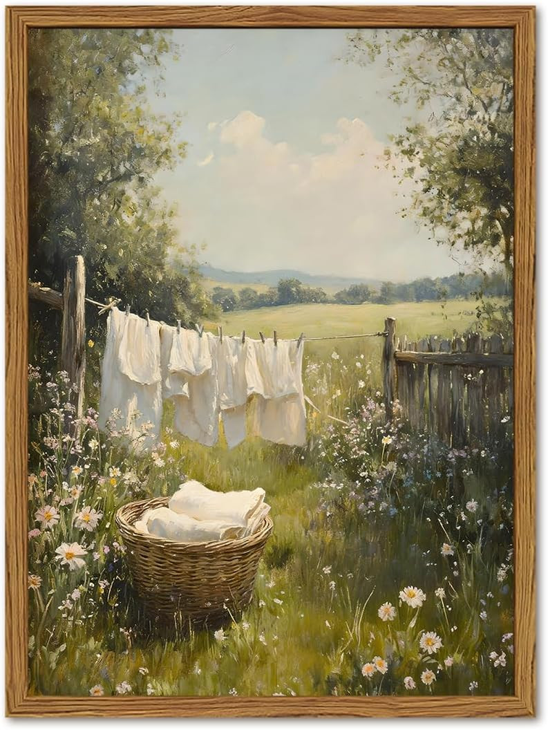 Framed Vintage Laundry Room Wall Art, Farmhouse Landscape Wildflower Pictures Wall Decor, Cottagecore Country Nature Paintings Canvas Prints Home Decor Aesthetic for Bathroom Living Room 12x16 inch | Amazon (US)