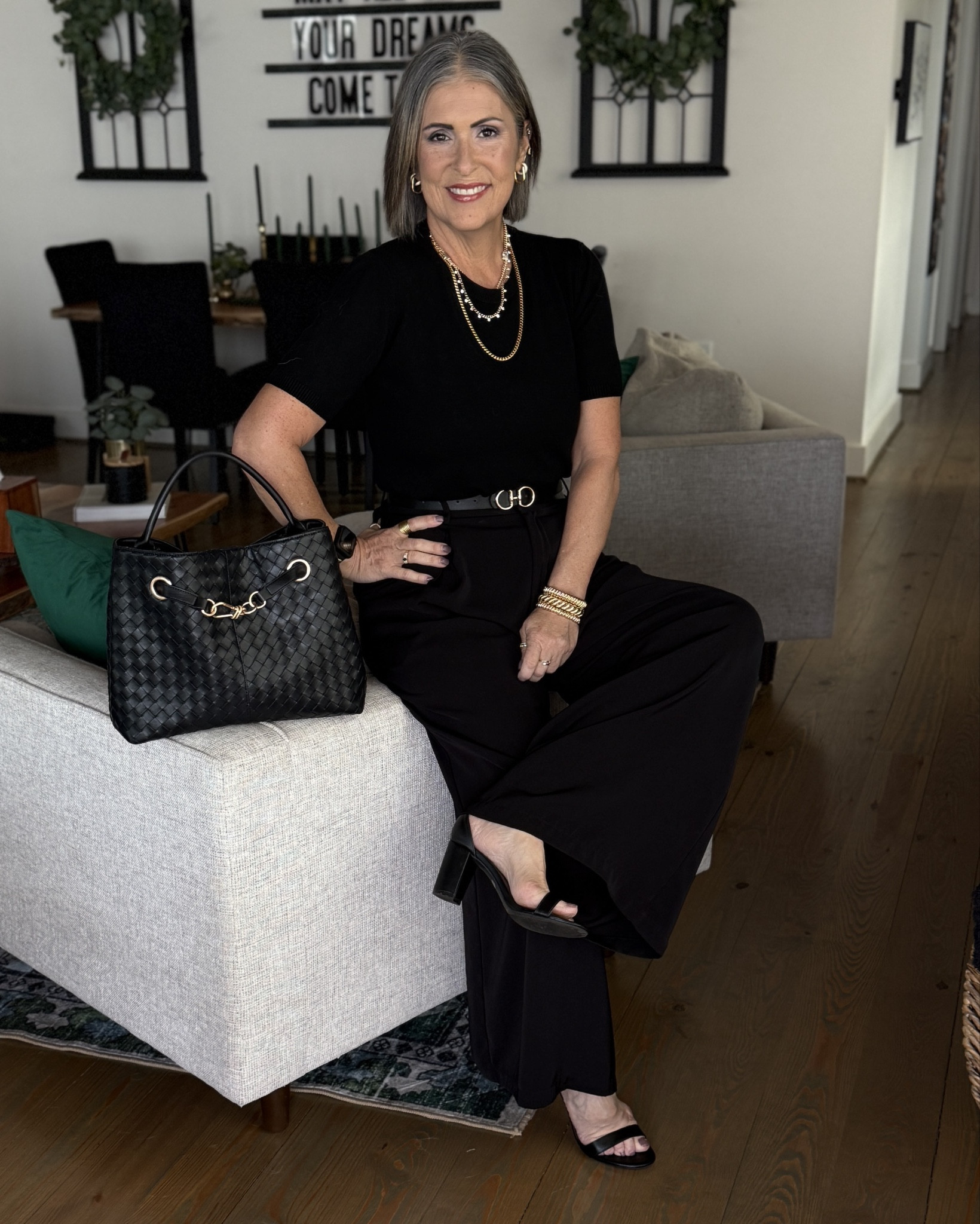 ✨My Elevated Style Girlies, this Amazon all-black outfit is giving chic, comfy, and versatile! Today, I’m styling a soft short-sleeve crewneck sweater with those once-viral wide-leg pants (still a hit and currently 34% off!), plus my fave new woven black satchel from Walmart. And here’s the twist—I switched up the shoes to show how the same base can work for every vibe: polished pumps, everyday sneakers, or breezy sandals.

📝 Breakdown Style Story #2:
* This variation softens the overall look, giving it a more open and relaxed vibe for warmer weather.
* The sandals keep you elevated but add breathability and ease.
* The wide-leg pants and crewneck top remain your chic base, but the open toe brings in a touch of flirt and fun.
* With the structured woven satchel and your go-to glam accessories, this version is brunch-date ready or perfect for an outdoor event.

✨ Why it works: This outfit finds that sweet spot between dressy and approachable. It’s feminine, comfortable, and ready for sunshine.

✨Every piece in your wardrobe serves a purpose, and every outfit tells a style story. Be intentional, be confident and create a style story you’ll love!✨

#LTKStyleTip #LTKFindsUnder100 #LTKOver40