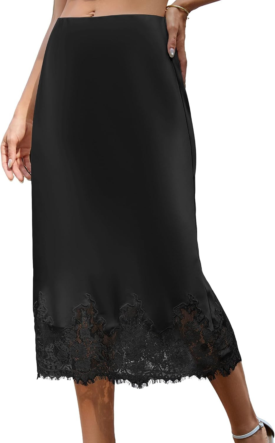 Bsubseach Women Satin Midi Skirt Elastic Waist A-Line Skirt with Lace Trim | Amazon (US)