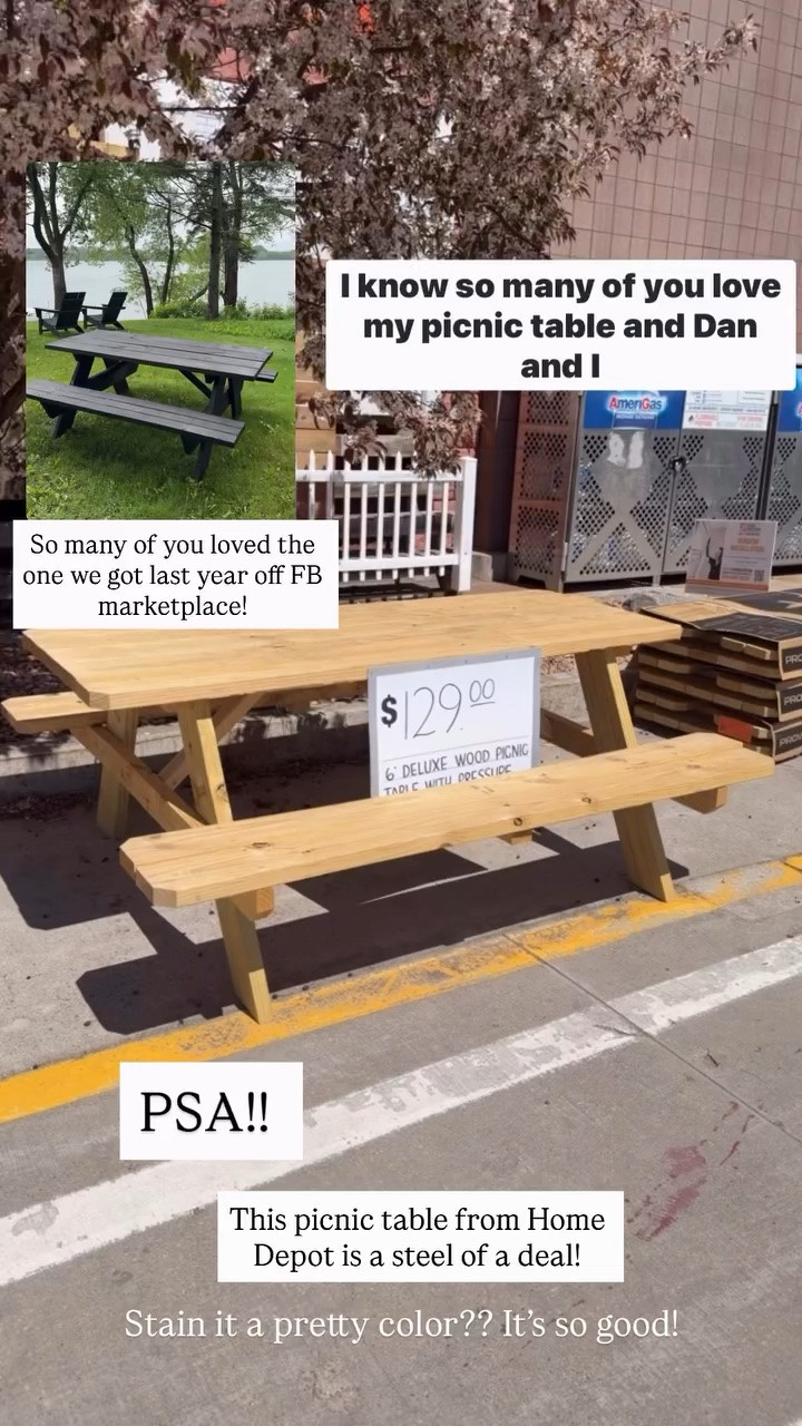 Stain it a pretty color?? It’s so good! This picnic table from Home Depot is a steel of a deal! @homedepot