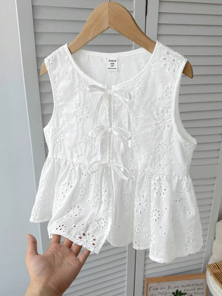 Teen Girls Textured Bowknot Front Blouse, Casual Everyday Vacation Wear | SHEIN