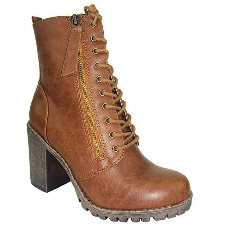 Malia Tan Light Brown Soda Riding Booties Women Chunky High Heel Combat Ankle Boots Army Military | Walmart (US)