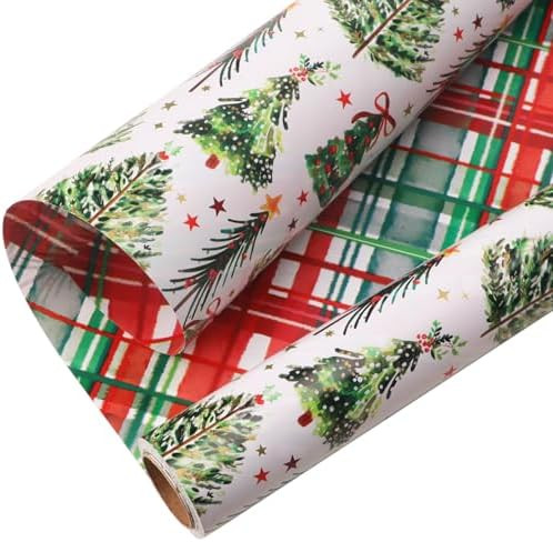 Ribbli Christmas Wrapping Paper Mini Roll Reversible Christmas Tree and Plaid Gift Wrapping Paper... | Amazon (US)