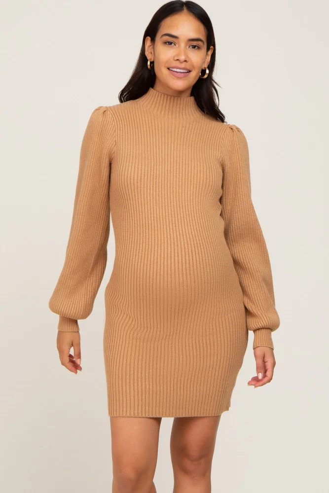 Camel Mock Neck Puff Sleeve Maternity Sweater Dress | PinkBlush Maternity
