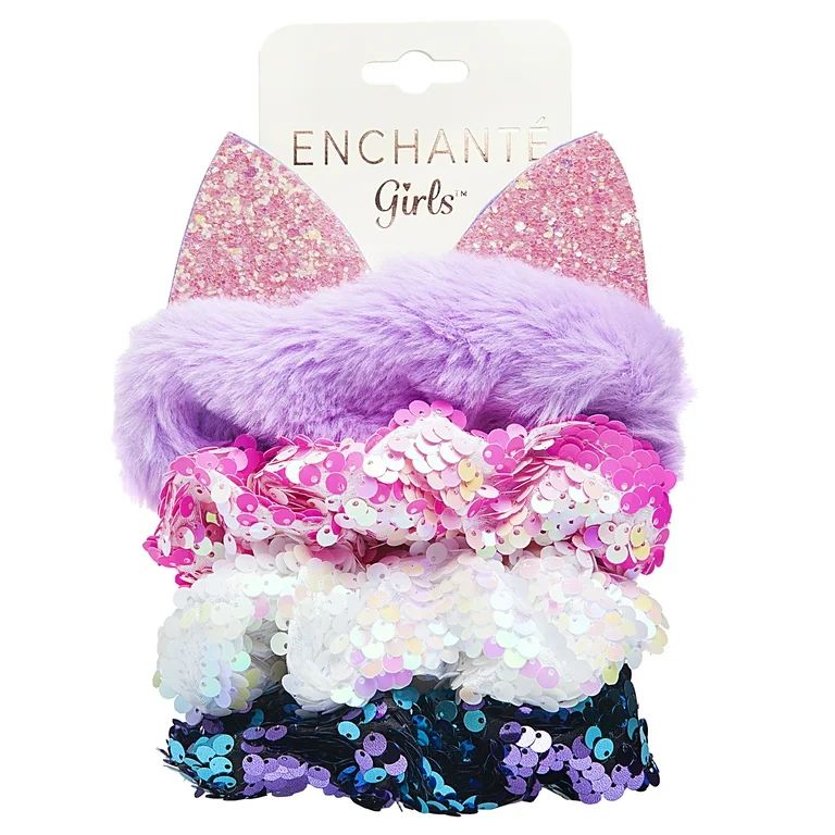 Enchante Accessories Sequin & Faux Fur Cat Ear Hair Scrunchie Hair Ties, Assorted Colors, 4 Ct | Walmart (US)