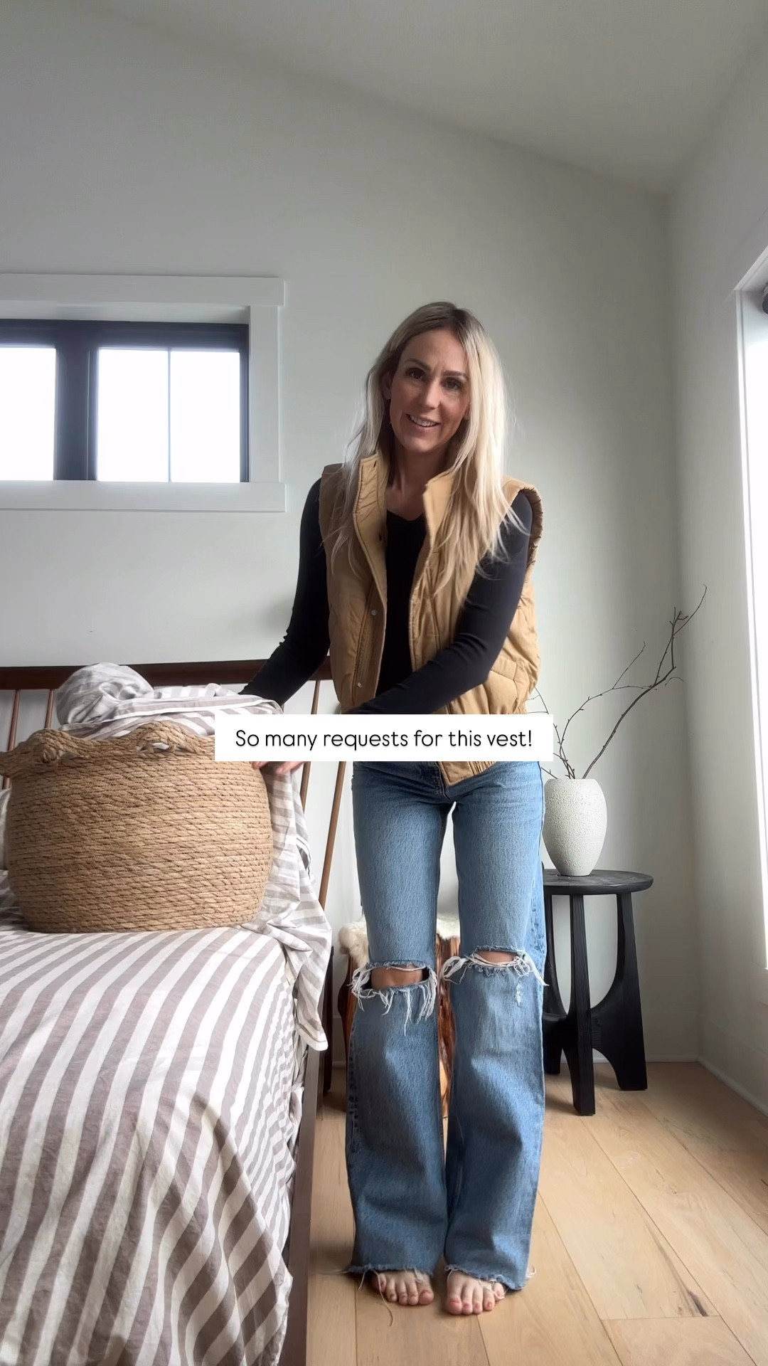 So many requests for this VEST! 
I have had it a year and its lovely. 🥰 
Basic black top.
Jeans are Zara, no link. 
Sheets are re-linked. 

#LTKHome #LTKSeasonal #LTKOver40