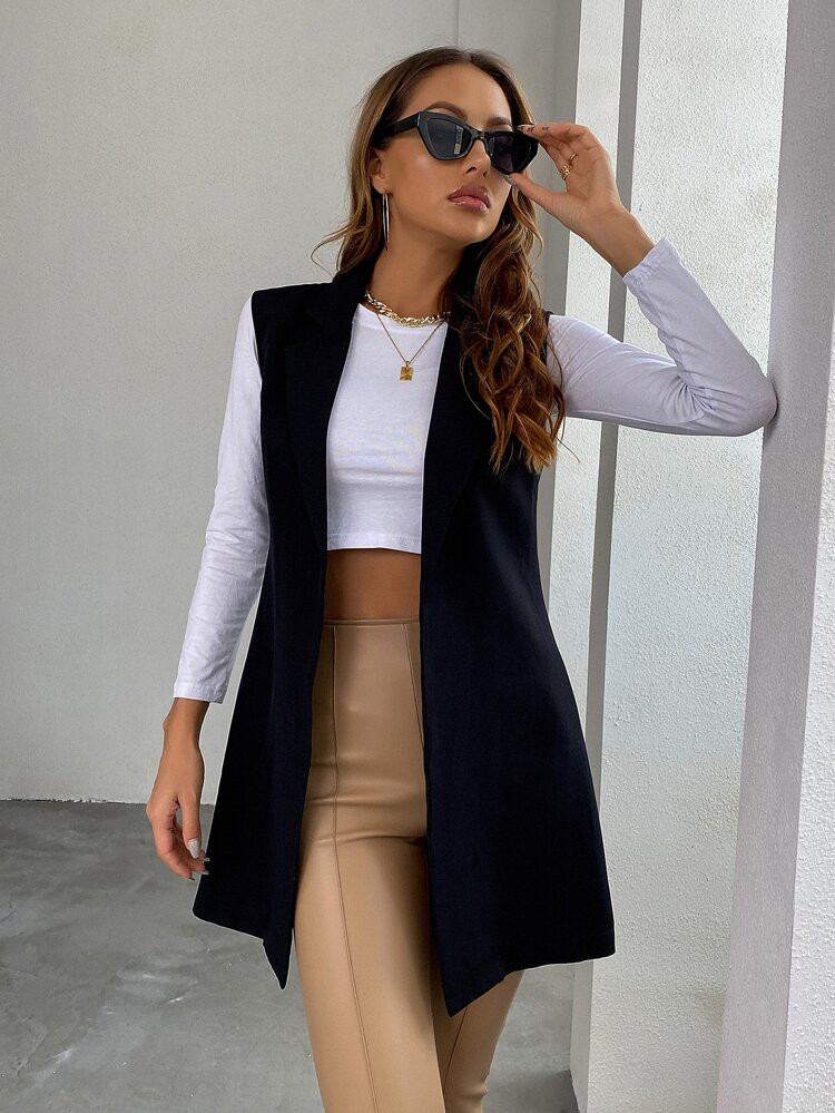 Solid Lapel Collar Open Front Vest Blazer | SHEIN