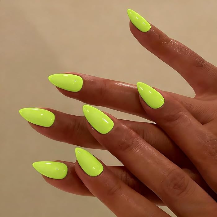 Short Press on Nails Almond, Neon Green Fake Nails Short Stiletto, Glossy Pointed Acrylic Nails P... | Amazon (US)