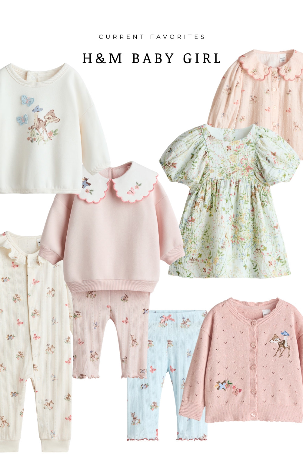Current favorite baby girl finds from H&M featuring soft florals, sweet Bambi prints, cozy knit cardigans, ribbed leggings, and the cutest collar details. These neutral and pastel baby outfits are perfect for fall, everyday play, or cozy family days. Save this for baby girl outfit inspiration and affordable baby clothes.